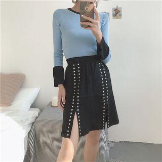 Set: Color Block Sweater + Slit A-line Skirt