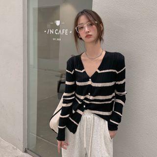 Long-sleeve Striped Buttoned Knit Top Stripes - Black & White - One Size