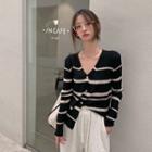 Long-sleeve Striped Buttoned Knit Top Stripes - Black & White - One Size