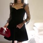 Sheer-sleeve Velvet A-line Minidress Black - One Size