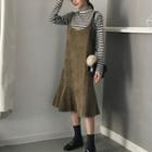 Striped Mock Neck Long-sleeve T-shirt / Ruffle Hem Strappy Midi Dress