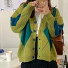 Long-sleeve Plaid Color-block Knit Cardigan Green - One Size