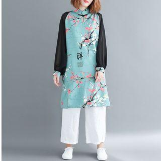 Long-sleeve Mesh Panel Print Shift Dress
