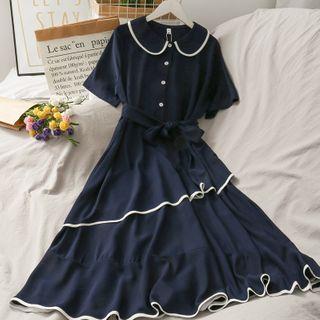 Layered Peter Pan-collar Midi Dress With Sash