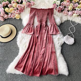 Off-shoulder Smocked Velvet Dress