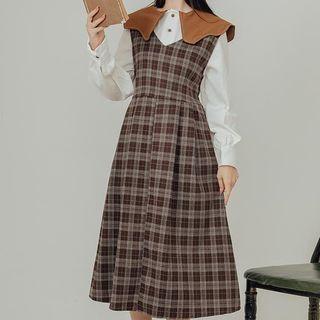 Puff-sleeve Collared Blouse / Plaid Overall Dress / Set
