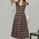 Puff-sleeve Collared Blouse / Plaid Overall Dress / Set
