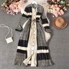 Long-sleeve Patterned A-line Dress Almond - One Size