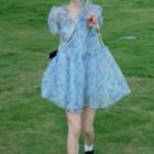 Short-sleeve Floral Print Mesh Mini A-line Dress