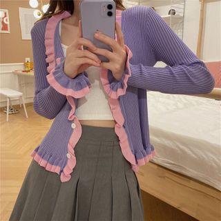 V-neck Ruffled Ribbed Cardigan