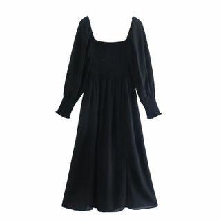 Long-sleeve Square-neck Midi A-line Chiffon Dress