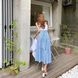 Lace-up Tiered Maxi Gingham Skirt