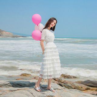 Lace Trim Short-sleeve Layered Midi A-line Dress