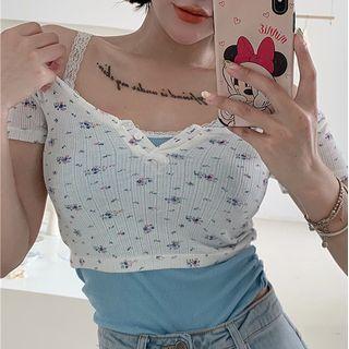 Short-sleeve Floral Print Cropped Knit Top / Lace Trim Camisole Top