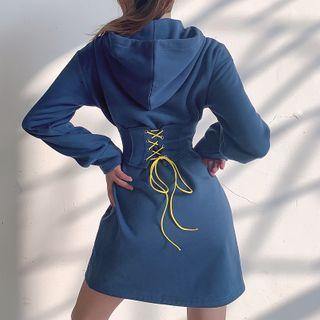 Lettering Embroidered Mini A-line Hoodie Dress