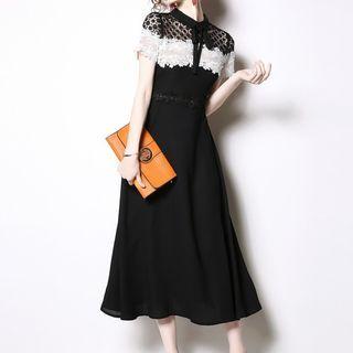 Two-tone Lace Panel Midi A-line Dress
