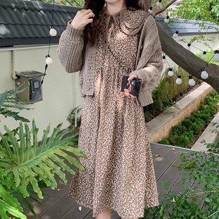 Long-sleeve Peter Pan-collar Floral Midi Dress / Cable Knit Cardigan