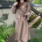 Long-sleeve Peter Pan-collar Floral Midi Dress / Cable Knit Cardigan