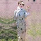 Long-sleeve Fleece Trim Jacquard Maxi Qipao
