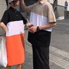 Couple Matching Elbow-sleeve Color Block Placket T-shirt / T-shirt Dress