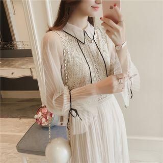 Lace Panel Long-sleeve Pleated Midi A-line Dress