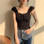 Cap-sleeve Tie-front Cropped Knit Top