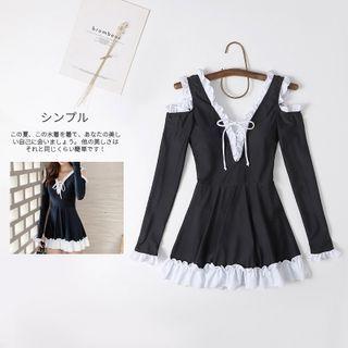 Long-sleeve Cold-shoulder Ruffled Swim Dress