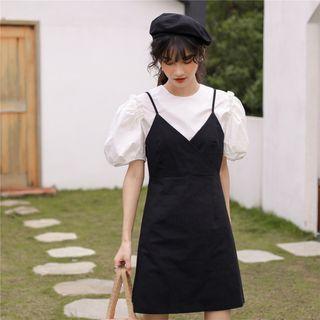Set: Puff-sleeve Blouse + Pinafore Dress