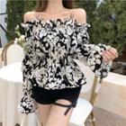 Long-sleeve Off-shoulder Floral Top As Figure - One Size