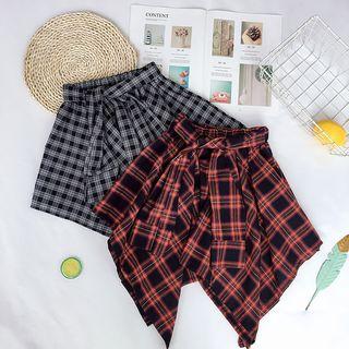Mock Two-piece Asymmetric Plaid A-line Skirt