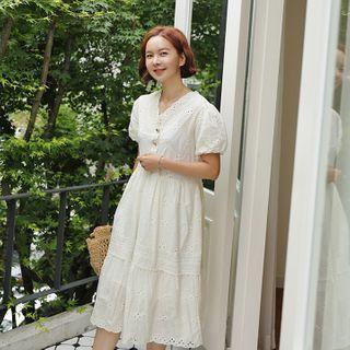Buttoned Eyelet-lace Midi Tiered Dress