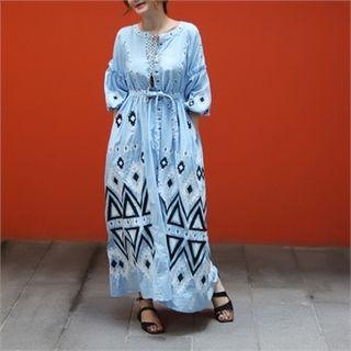 Tassel-detail Patterned Embroidered Dress Light Sky Blue - One Size