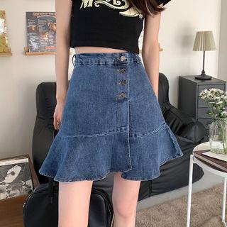 Ruffle Hem Denim Mini A-line Skort