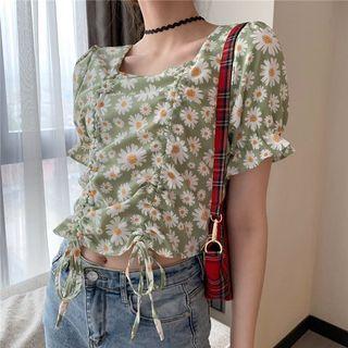 Square Neck Floral Drawstring Cropped T-shirt