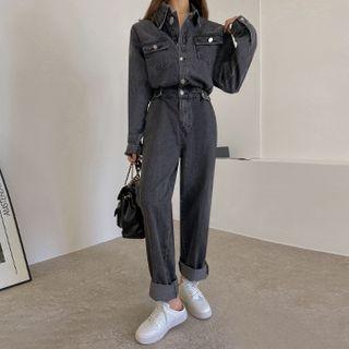 Collared Metallic-button Denim Jumpsuit Black - One Size