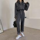 Collared Metallic-button Denim Jumpsuit Black - One Size