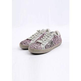 Star-patch Distressed Glitter Sneakers