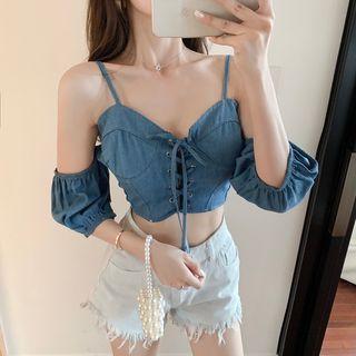 Short-sleeve Cold Shoulder Denim Crop Top