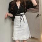 Balloon-sleeve Lace Trim Cropped Blouse / Spaghetti Strap Mini Lace Dress