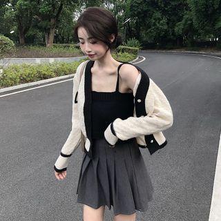 Contrast Trim Cardigan / Knit Camisole Top / Pleated A-line Skirt
