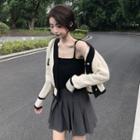 Contrast Trim Cardigan / Knit Camisole Top / Pleated A-line Skirt