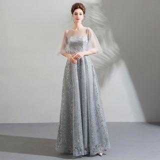 Elbow-sleeve Star Sequined A-line Evening Gown