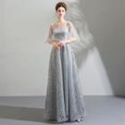 Elbow-sleeve Star Sequined A-line Evening Gown