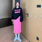 Lettering Print Sweatshirt / Midi A-line Skirt