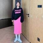 Lettering Print Sweatshirt / Midi A-line Skirt
