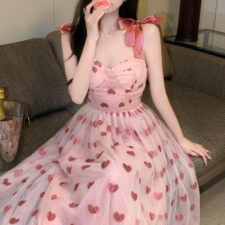 Spaghetti Strap Heart Midi A-line Dress