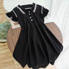 Short-sleeve Embellished Knit A-line Dress Black - One Size