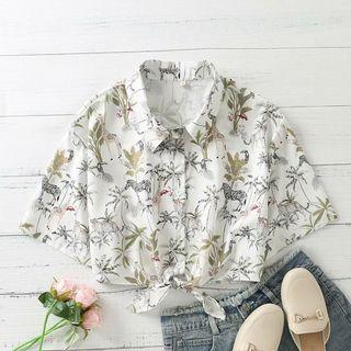 Short-sleeve Animal Print Tied Cropped Shirt