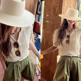 Collared Cable-knit Crop Top Light Beige - One Size