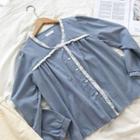 Lace-trim Panel Single-breasted Long-sleeve Blouse